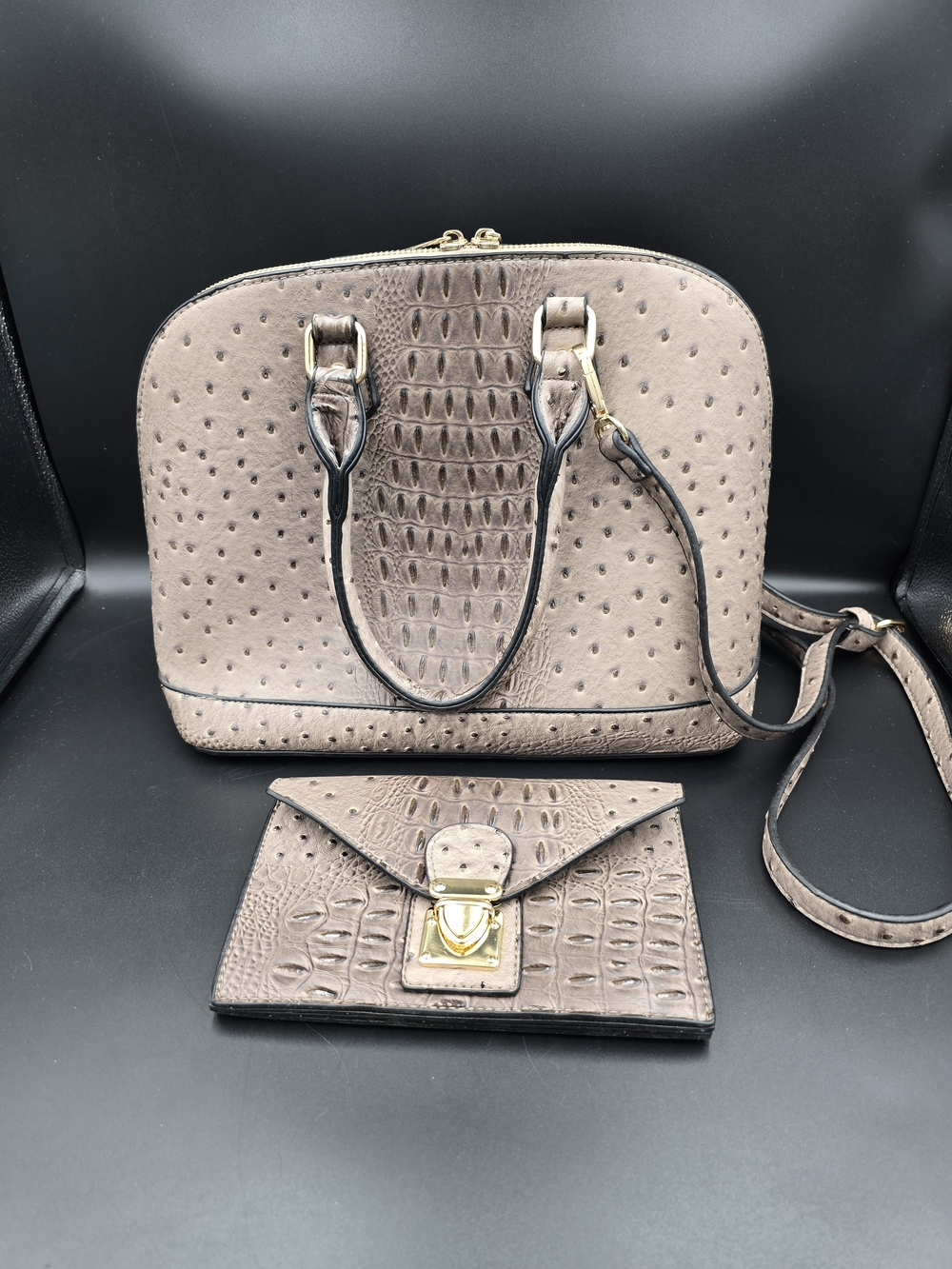 Croc-Embossed Taupe Dome Satchel with Matching Wallet